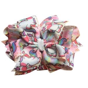 Unicorn Hair Bow Double Stack 5" and 4" Pastel Rainbow Ribbon Bow Alligator Clip